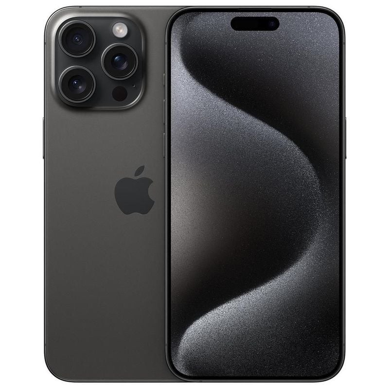iPhone 15 Pro Max Apple en Titane Noir, vue avant et arrière montrant le triple capteur photo, cadre